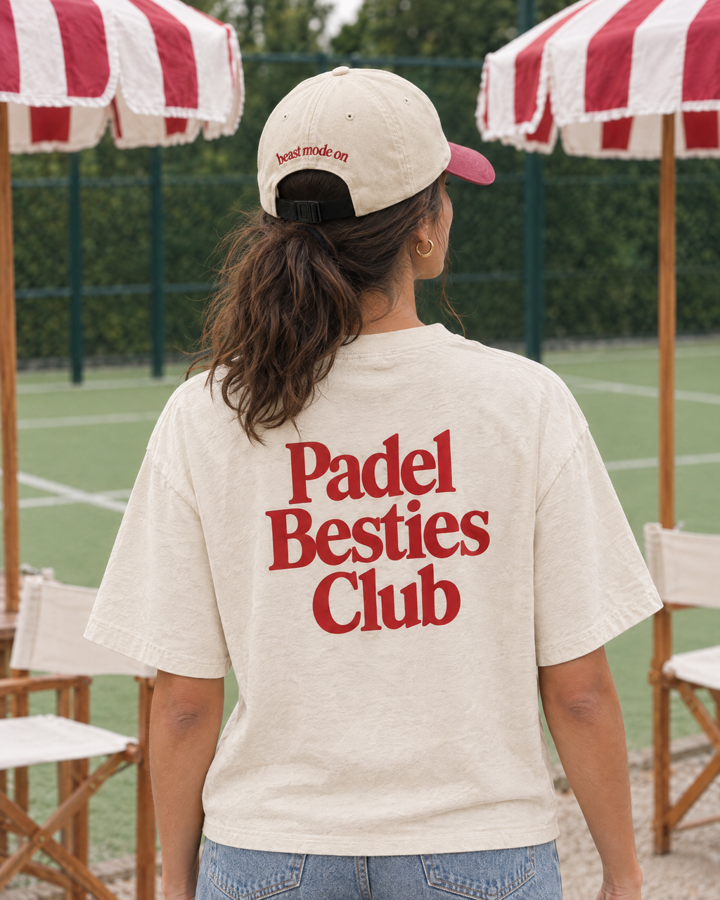 Padel Beast cap worn at the padel club, back with beast mode on embroidery